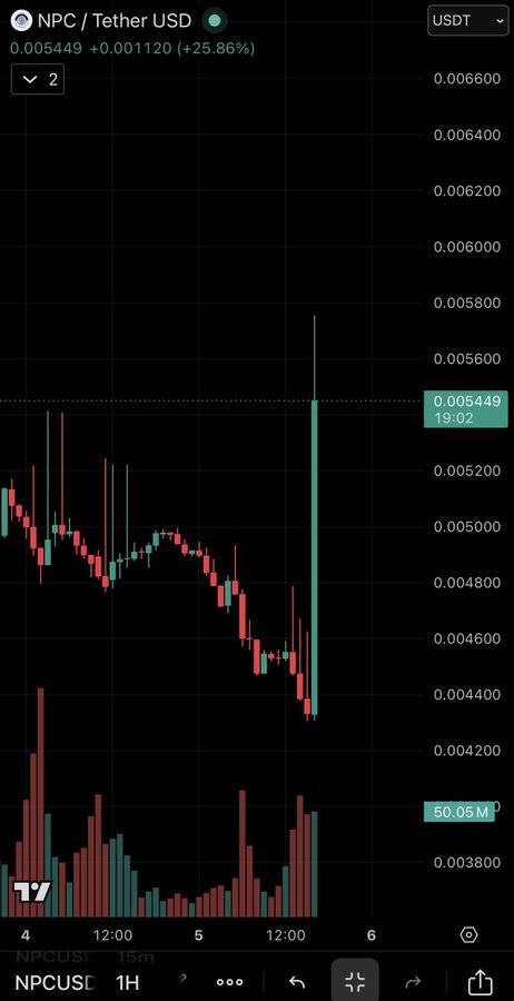 ?"npc on npc usdt", which appears to be a screenshot of a financial website or application that displays Bitcoin data, specifically the NPC USDT price movement.