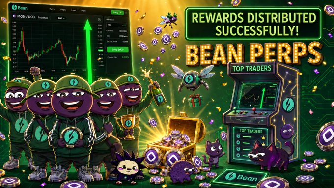 The image features a cartoon image of a boy wearing a green shirt with an open book titled "Top 50 Bean Perps Trading". The text above this image reads "30,000 MON from Bean protocols' revenue has been allocated to the Top 50 traders in Bean Perps Trading campaign. Check your wallet, champs. Now leave everything behind 'cause its World Cup time". This suggests that Bean Perps is a trading platform where traders are receiving 30,000 units of cryptocurrency as rewards for their participation and achievements on the platform. The image also includes an arcade game with cartoon bean perps characters playing video games.