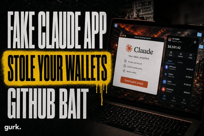 A YouTube thumbnail warning 'FAKE CLAUDE APP STOLE YOUR WALLETS GITHUB BAIT' by gurktv, depicting a fraudulent Claude Desktop installer alongside a wallet interface showing $6,591.42.