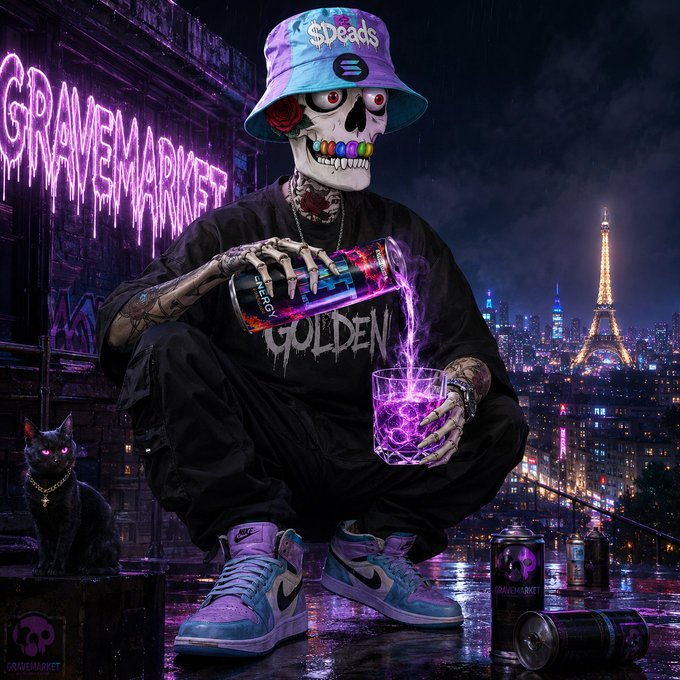A digital artwork of a skeleton character wearing a tie-dye '$Deeds' bucket hat and Nike sneakers, pouring a glowing purple drink from a can, set against a neon Paris skyline featuring the Eiffel Tower and a 'GRAVEMARKET' neon sign.