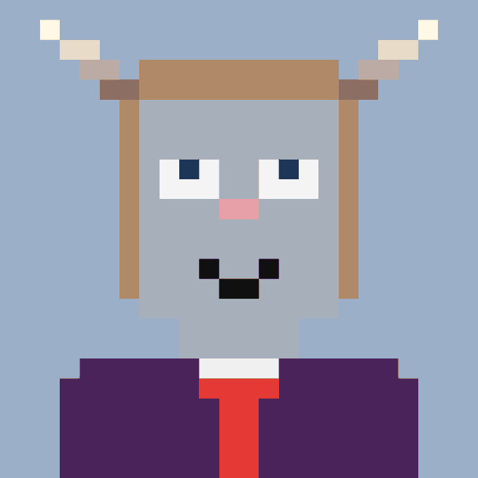 A pixel art portrait of a gray, horned character in a purple suit and red tie, displayed as the NFT "stonkbroker" mentioned in the post. The image visually represents the NFT asset the user claims to have purchased and profited from, tying into their boast about making money from both the token and its associated NFT collection.