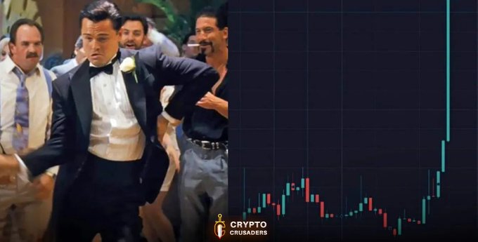 A split image showing a scene from a movie (likely 'The Wolf of Wall Street' featuring Leonardo DiCaprio in a tuxedo being escorted) alongside a green cryptocurrency trading chart, branded with 'Crypto Crusaders'.