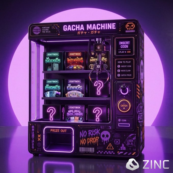 A 3D render of a neon-lit 'GACHA MACHINE' branded with 'ZINC' and 'Fortune Favors the Bold' tags, displaying prizes like ZOOTBOX Seeker, Watches, Phones, and Cards.