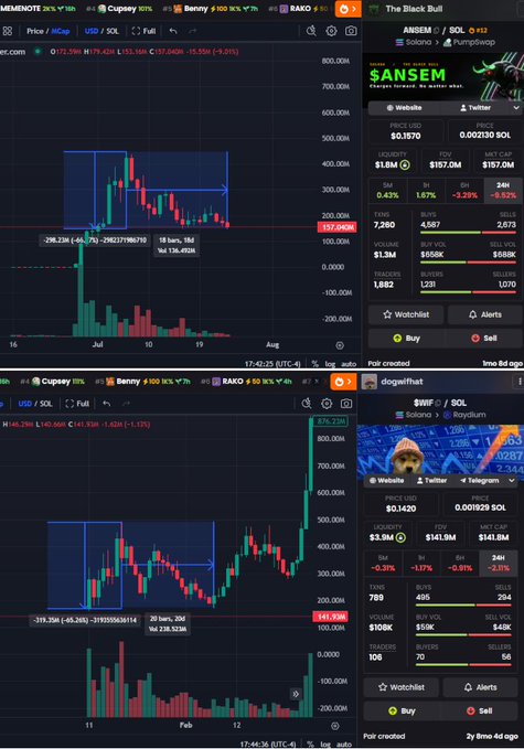 A four-panel screenshot showing cryptocurrency trading charts and token data on what appears to be Dexscreener or a similar DEX analytics platform. The top-right panel displays "$ANSEM" token stats ($0.1570 price, $1.8M liquidity, 69 buyers) with social links to anseminsights, while the bottom-right shows "$DOGEHAT" ($0.1420, $141.9M liquidity), both on Solana via Raydium—visually comparing a micro-cap memecoin's early chart structure to a more established token's pattern to support the "history rhymes" thesis.