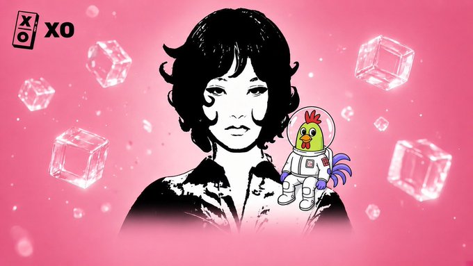 Stylized illustration on a pink background with floating ice cubes, showing a black-and-white portrait of a woman next to a cartoon chicken in a spacesuit, with an 'XO' logo in the corner.