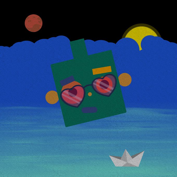 A stylized illustration of a green square character with heart-shaped sunglasses floating over a blue sea at night, with a red moon on the left and a yellow sun on the right, and a paper boat in the foreground.