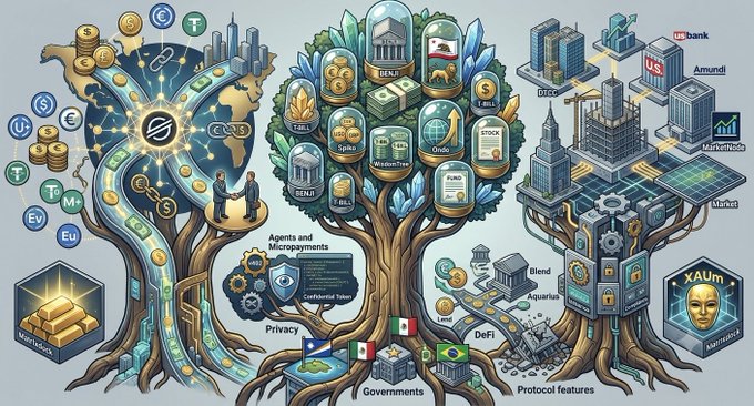 An illustration depicts a blockchain ecosystem tree with various cryptocurrency symbols, banks, markets, and DeFi concepts labeled including "Governments", "Privacy", and "Protocol features".