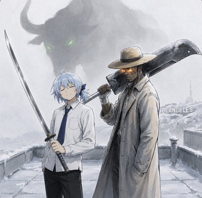 An anime-style illustration featuring a blue-haired character with a katana and a trench-coated figure with glowing eyes carrying a large blade, with 'LOS ANGELES' text and a shadowy horned creature in the background.