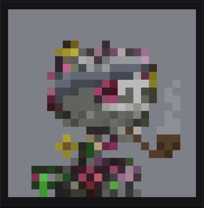 A heavily pixelated, low-resolution image shows an abstract or obscured figure with a gray rectangular shape resembling a cigarette emitting wavy 'smoke' against a solid gray background.