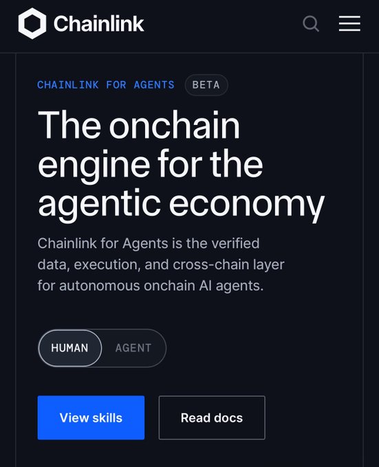 Chainlink website promoting 'Chainlink for Agents' (Beta), described as 'The onchain engine for the agentic economy' for autonomous AI agents, with a toggle between HUMAN and AGENT modes.