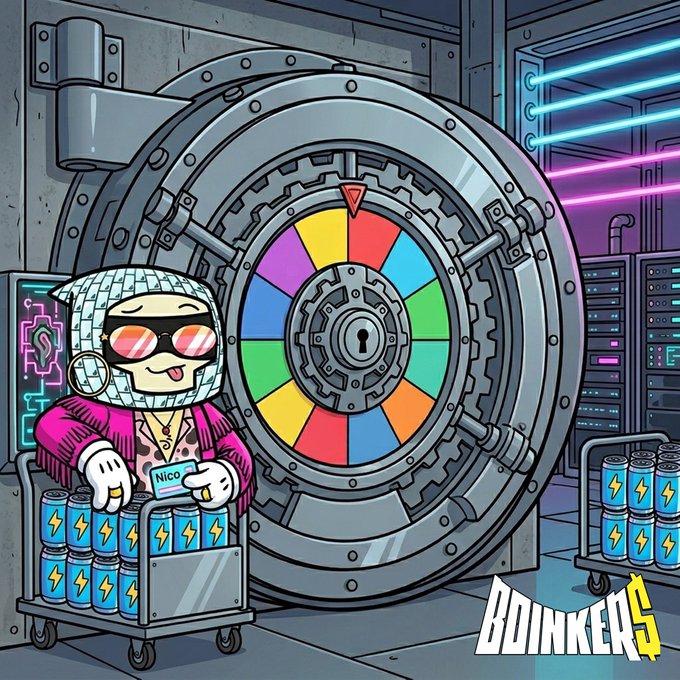 A cartoon character named "Nico" wearing a disco-ball helmet and sunglasses pushes a cart loaded with energy drink cans beside a massive, vibrant combination safe, with "BOINKERS" branded in the corner—capturing the playful "Sunday spin session" vibe of taking a chance on a colorful crypto jackpot.