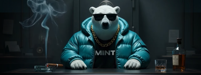 A digital illustration of a cool polar bear wearing sunglasses and a teal puffer jacket over a "MINT" shirt, sitting at a table next to a whiskey bottle and a smoking cigar.