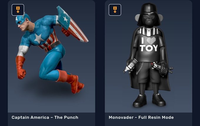 Two collectible toy figures: 'Captain America – The Punch' and 'Monovader – Full Resin Mode', displayed against a dark background.