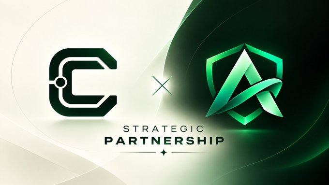 A promotional graphic featuring the letter "C" logo and a green shield logo, separated by an "X" symbol, with the text "STRATEGIC PARTNERSHIP" below.