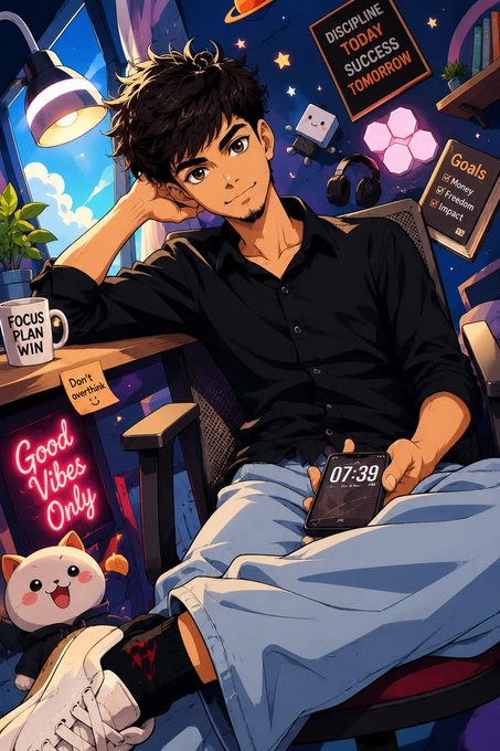 An anime-style illustration of a young man in a black shirt sitting in a chair holding a phone showing '07:39', surrounded by motivational signs reading 'DISCIPLINE TODAY SUCCESS TOMORROW', 'FOCUS PLAN WIN', 'Good Vibes Only', and 'Goals'.