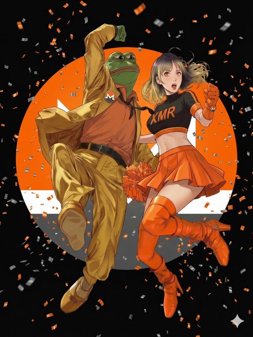 An anime-style illustration of a cheerleader wearing a black and orange 'KMR' outfit alongside a green frog character in a yellow jumpsuit with an 'M' logo, celebrating with confetti against a Bitcoin logo background.