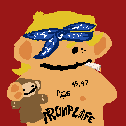 A cartoon illustration of a blonde character wearing a blue bandana and a shirt reading 'TRUMPLife 45.17 Petrov', holding a teddy bear against a red background.