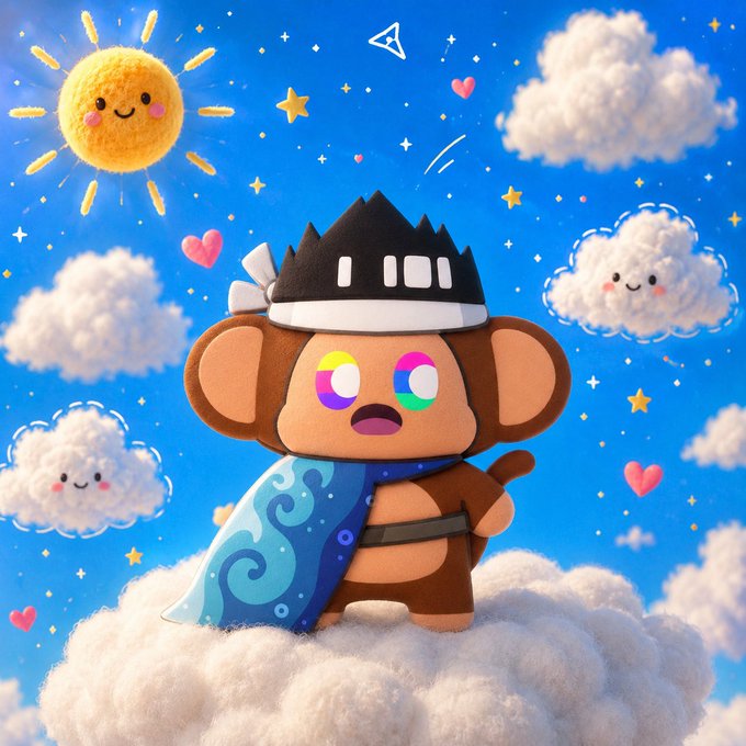 A cute 3D-rendered cartoon monkey character wearing a samurai-style headband and blue cape with swirl patterns, standing on a fluffy cloud against a starry sky with smiling suns and clouds.