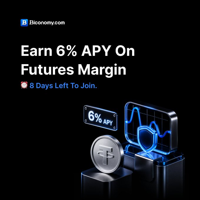 The image features a poster for Biconomy Futures Yield, which offers an APY of 6% on its futures margin. The poster also includes a graphic representation of a coin and a shield, along with text that encourages users to join in and earn 6% APY on their future margin.