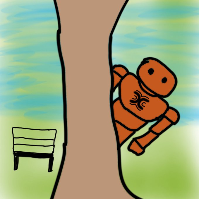A digital drawing of an orange humanoid robot peeking out from behind a tree trunk, with a green and blue park setting and a bench visible in the background.