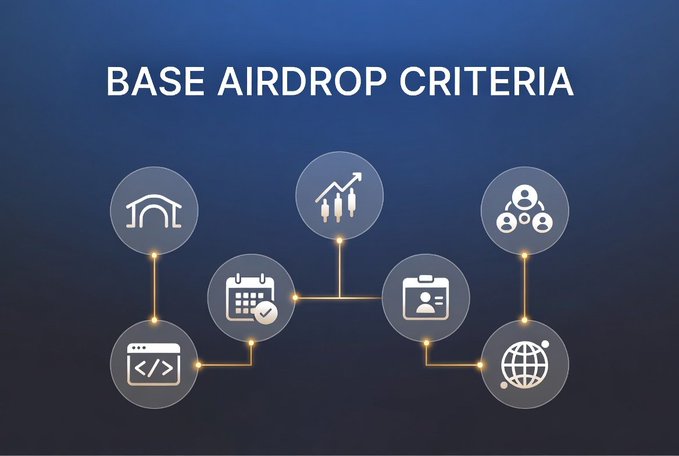 An infographic titled 'BASE AIRDROP CRITERIA' displays six circular icons connected by lines, representing various eligibility factors like activity, identity, and on-chain engagement.
