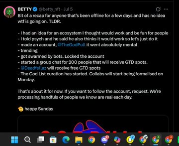 A tweet by user @betty_nft outlines a plan to have a "recap" for offline users, suggesting an ecosystem integration where deadfellaz receive GTD (guaranteed delivery) spots for @TheGodPull by reposting or commenting. The post references calculations of 1,112 supply and 9,999 supply, supporting the discussion about distributing GTD spots to deadfellaz.