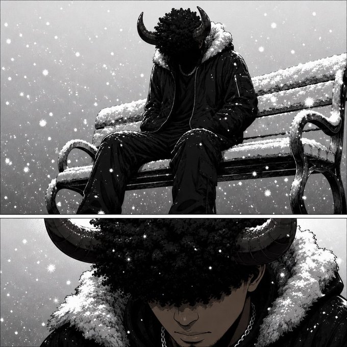 A black-and-white manga-style illustration showing a horned figure in a fur-collared jacket sitting on a snow-covered bench, with a close-up panel revealing the figure's face.