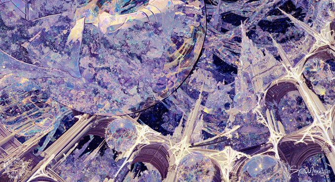 An ornate, fantasy-style illustration featuring gothic arches and ethereal figures in a dreamlike palette of purples and blues, signed by 'S.J. Reaper'.