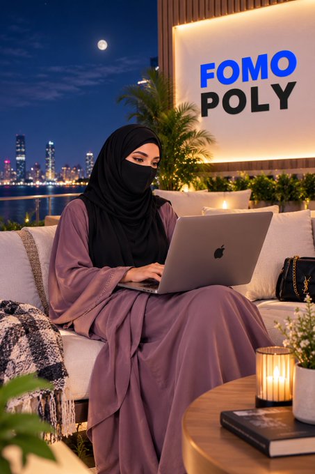 A woman in a black face covering and loose mauve clothing uses a laptop on an outdoor terrace at night, beside a lit sign reading “FOMO POLY.”