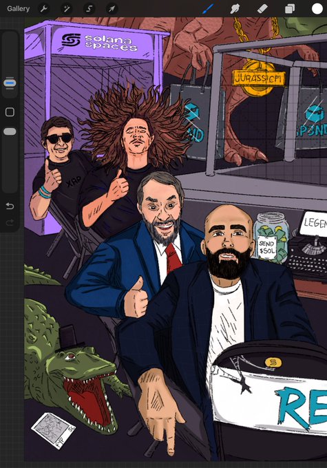 A cartoon-style illustration depicts caricature figures of several Solana community members—labeled as legends—posing enthusiastically inside a stylized Solana Spaces setting, complete with branded signage ("Solana Spaces," "JUASICA," "PRINT"), a jar labeled "BRAND $SOL," and a green crocodile mascot referencing @siriuscrocodile, all giving thumbs-up or pointing gestures.
