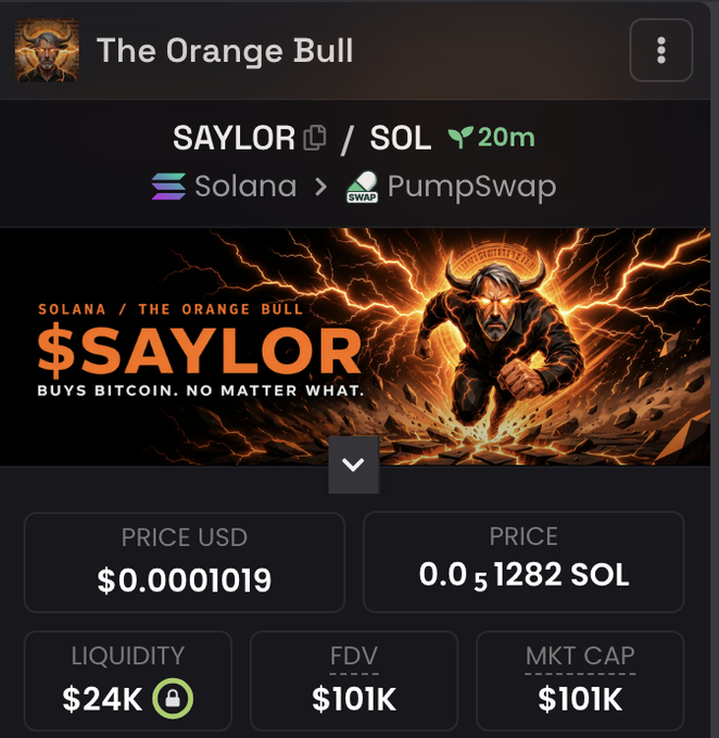A screenshot of the PumpSwap trading page for the meme token "$SAYLOR - The Orange Bull" on the Solana network, showing a price of $0.0001019 USD, liquidity of $24K, and an FDV/market cap of $101K. The image appears to be promoting a giveaway scam, using detailed token stats to lend credibility to claims of sending $10,000 worth of the token to 333 followers who retweet and share their SOL wallet addresses.