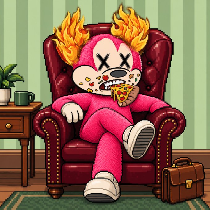 A pixel art illustration of a pink cartoon character with flames on its head, X's for eyes, and food smeared on its face, sitting in a red armchair eating a slice of pizza.