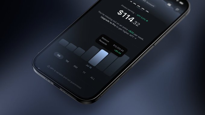 A smartphone mockup displaying a financial app showing "Always earning: $114.32" with "APR 5.92%" and a balance rewards section highlighting a $12,324.64 deposit with +$5.46 in earnings.