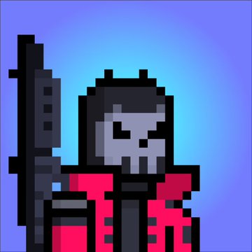 A pixel art illustration depicts a hooded grim reaper figure in a red robe holding a large black scythe against a blue background.