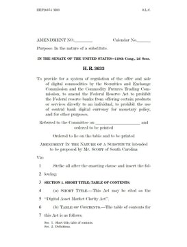 The image shows a Senate amendment document (Amendment No. ___) from the 119th Congress, 1st Session, related to H.R. 3633, dealing with digital commodities, securities, and federal reserve banking products—legislation central to the crypto market structure discussion President Trump is addressing with senators.
