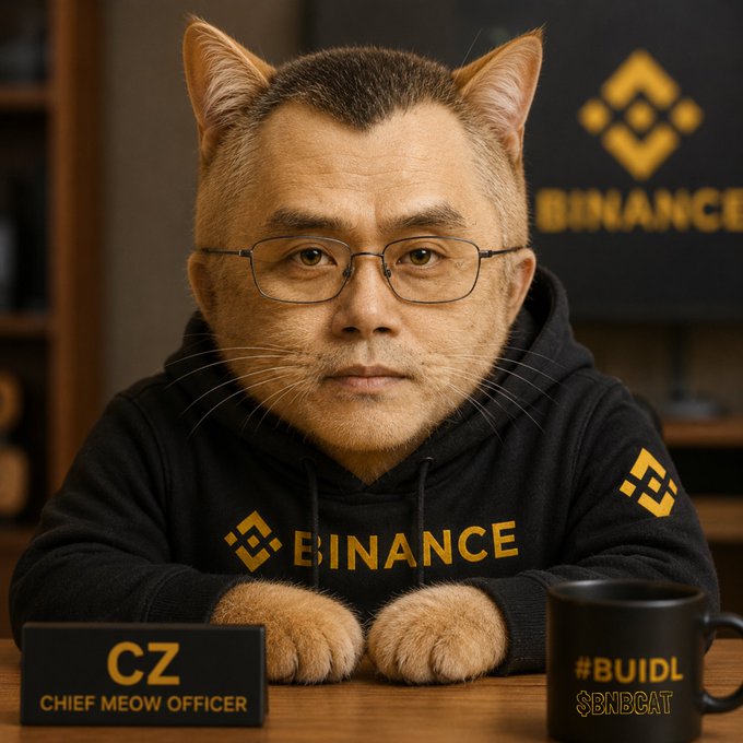 AI-generated image depicting a man with cat ears and whiskers, identified by a nameplate as 'CZ, CHIEF MEOW OFFICER', wearing a 'BINANCE' hoodie next to a '#BUIDL $BNBCAT' mug.