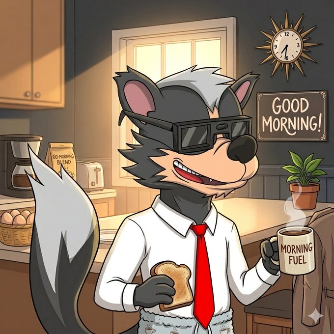 A cartoon wolf wearing a white shirt, red tie, and sunglasses holds toast and a 'MORNING FUEL' mug in a kitchen, with a 'GOOD MORNING!' sign and sunburst clock on the wall.