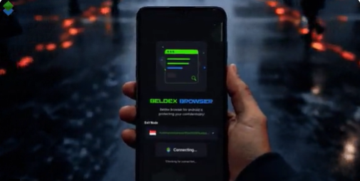 A hand holds a smartphone displaying the "RELOX BROWSER" app loading screen with "Connecting..." text, set against a blurred urban background with red lights.