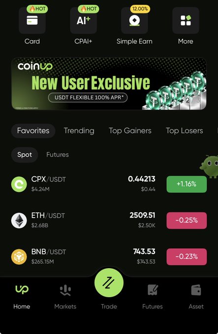 A cryptocurrency trading app interface showing prices for CPX/USDT (0.44213), ETH/USDT (2509.51), and BNB/USDT (743.53), with a 'New User Exclusive' USDT 100% APR promotion banner.