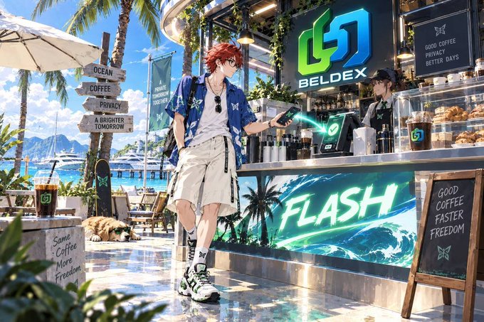 Anime-style promotional artwork for 'BELDEX' featuring a red-haired character at a beachside coffee stand with text reading 'OCEAN COFFEE PRIVALCY A BRIGHTER TOMORROW' and 'FLASH'.