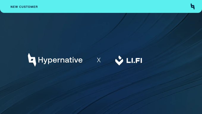 A professional announcement graphic with a dark blue background announcing a new customer relationship between 'Hypernative' and 'LI.FI' under a 'NEW CUSTOMER' header.