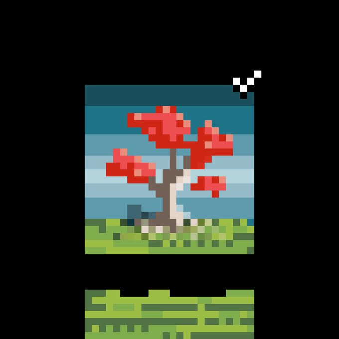 Pixel art illustration of a red tree on a green field with a blue striped sky and pixelated birds.