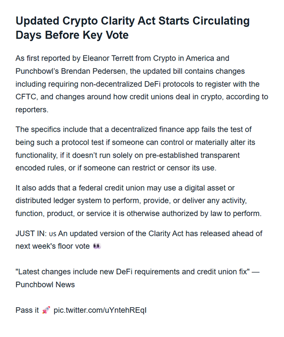 News article screenshot with the headline 'Updated Crypto Clarity Act Starts Circulating Days Before Key Vote', reporting on new DeFi requirements and credit union provisions in the updated bill from Punchbowl News.