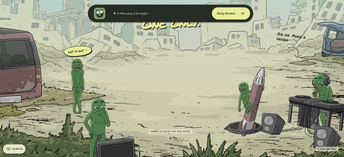 A cartoon illustration of green alien-like creatures in a post-apocalyptic city setting, featuring speech bubbles with text 'LET IT OUT', 'ONE ONE!', and 'GO ON POKE A DESIGN', along with a 'SOUND ON' indicator.