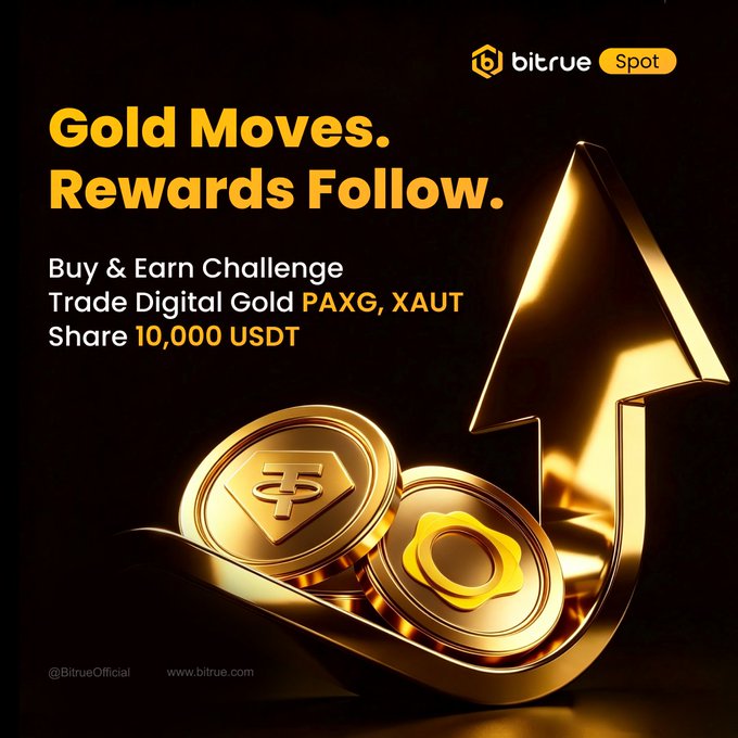 A promotional graphic from Bitrue Spot features the headline "Gold Moves. Rewards Follow." advertising a "Buy & Earn Challenge" where users can trade digital gold tokens PAXG and XAUT to share in 10,000 USDT, accompanied by visual renderings of gold coins and a large upward arrow.