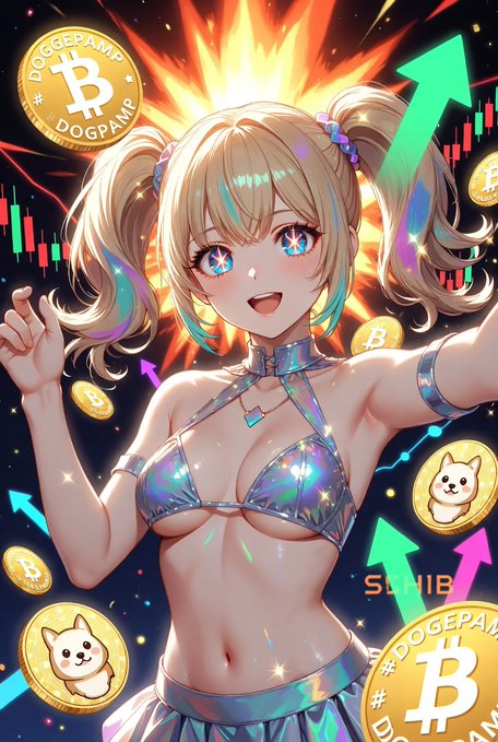 An anime-style illustration of a cheerful blonde girl in a sparkling outfit, surrounded by 'DOGEPA' Bitcoin coins, Dogecoin imagery, and green upward arrows symbolizing rising crypto prices.