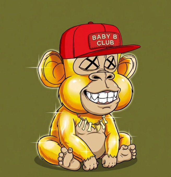 A cartoon illustration of a golden monkey wearing a red cap labeled 'BABY B CLUB', featuring 'X' shaped eyes, a gold tooth necklace, and sparkles against an olive green background.