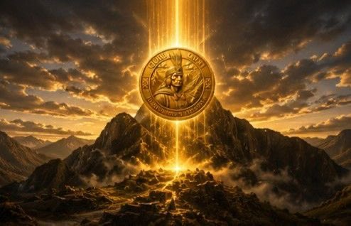 A glowing gold QURI coin floats above a dramatic mountain range with a beam of light shooting skyward, symbolizing the "$50 QURI Community Campaign" by representing the token's value and the opportunity for the first 100 members to win USDT. The triumphant, epic imagery reinforces the campaign's invitation to join at quritoken.com.