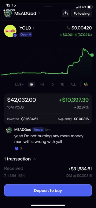 A mobile screenshot from MEADGod's profile showing YOLO cryptocurrency at $0.00420 (+37.04%), with a portfolio value of $42,032.00 (+$10,397.39, 32.87%) and a received transaction of +$31,634.61 for 10M YOLO.