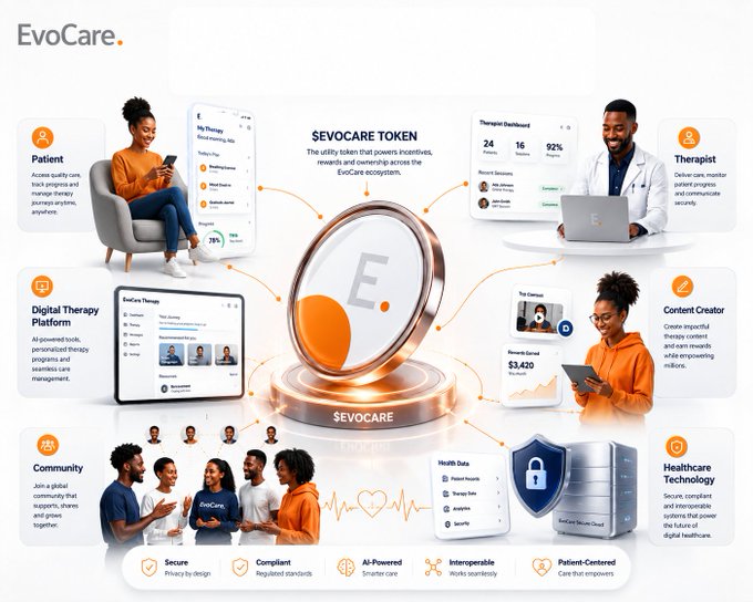 An infographic for 'EvoCare' displaying its Sevocare Token ecosystem, connecting patients, therapists, digital therapy platforms, content creators, communities, and healthcare technology.